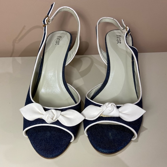NEW FIRST 3” heels in JEAN with WHITE leather bow - Picture 1 of 4